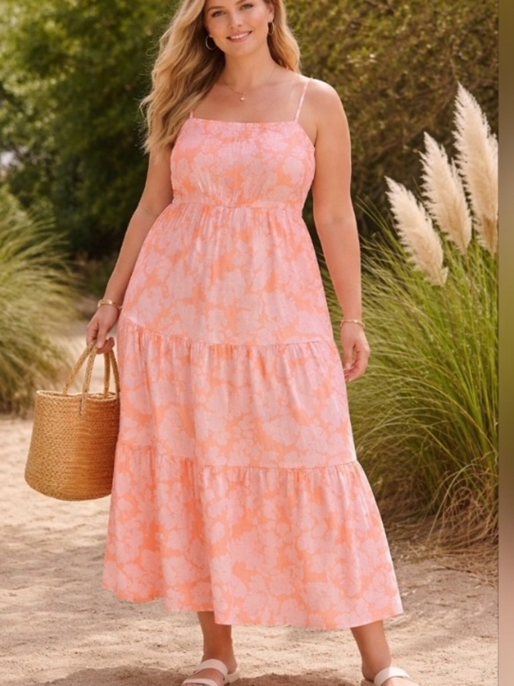 Women's Peach-Pink Floral Tiered Maxi Dress with Spaghetti Straps